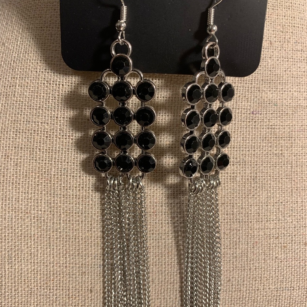 Silver and black tassel earrings
